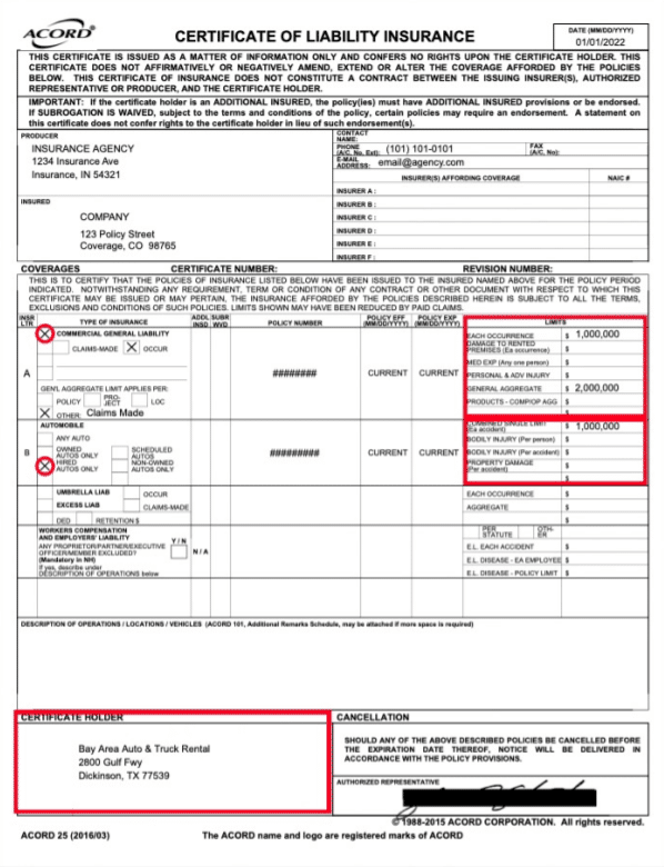 Certificate of liability insurance